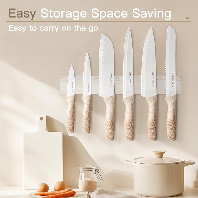 Astercook Knife Set, 13 Pieces Kitchen Knives Set with Ceramic Coating, Stainless Steel Chef Knife Sets with 6 Blade Guards, Dishwasher Safe Sashimi Knives For Fish with Wooden Handle, White