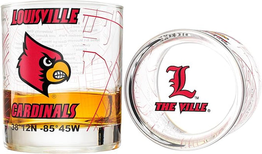 Greenline Goods – University of Louisville Cardinals College Whiskey Glasses (Set of 2), 10 oz – Full-Color Logo + Campus Map