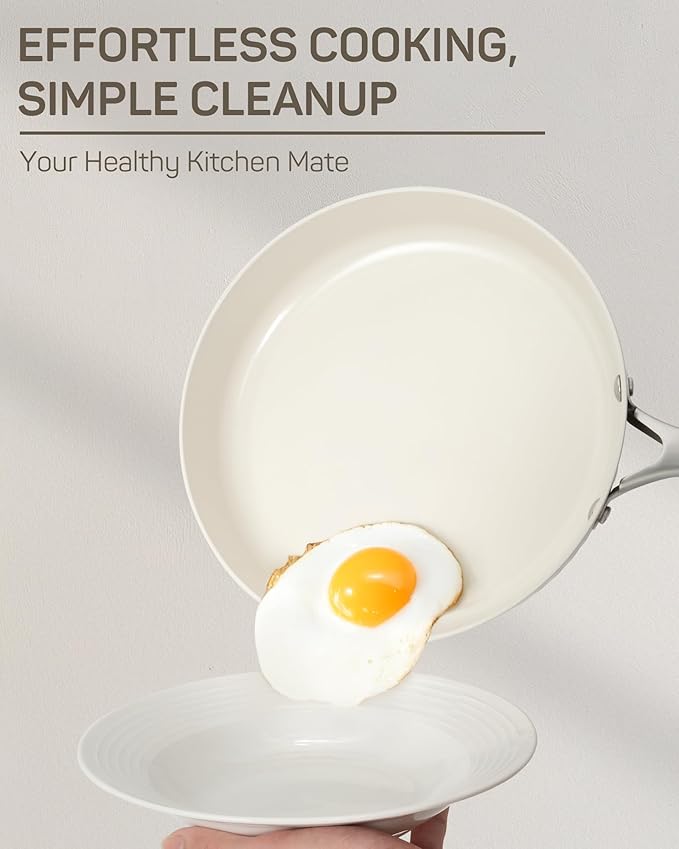 10Pcs Nonstick Cookware Set, Ciwete Tri-Ply Ceramics Cookware Set, Kitchen Pots and Pans with Stay Cool Ergonomic Handle, Dishwasher Safe, Oven Safe, Gift, Compatible with All Stovetop, White