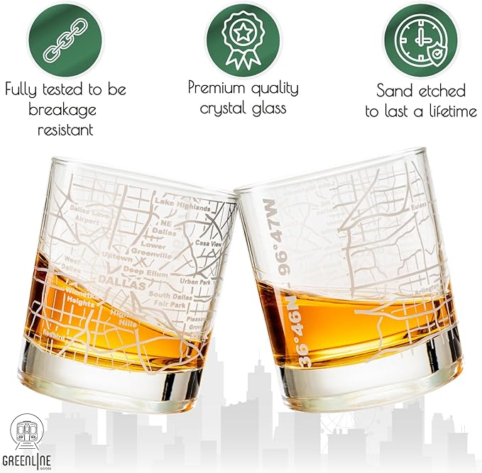 Greenline Goods Whiskey Glasses - 10 Oz Tumbler Set for Dallas lovers, Etched with Dallas Map Old Fashioned Rocks Glass - Set of 2