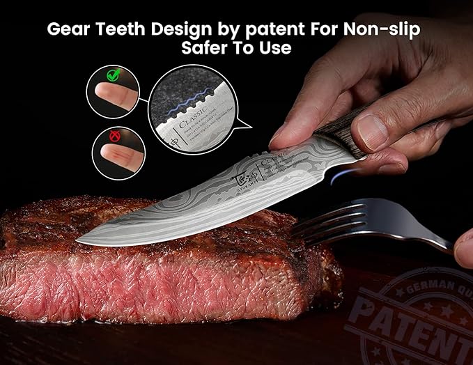 Steak Knives Set of 2, 4.8 Inch High-Carbon Japanese Stainless Steel Non-serrated Meat Knife with Wood Handle, Damascus Pattern Full Tang Design, Razor-Sharp Dinner Knives with Gift Box