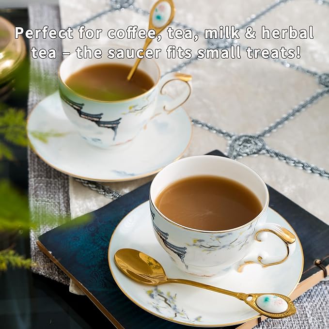 Vintage Tea Cup and Saucer Set, Bone China Cup with Gold Trim, Ceramic Coffee Cup with Saucer and Spoon, Dishwasher Safe, Food Grade Chinese Style Cup for Tea Party, Gifts Giving, 6.8 oz