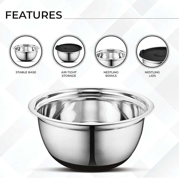 AVADOR Premium Brushed Stainless Steel Mixing Bowls Sets, Easy To Clean, Space Saving, Great for Cooking, Baking, Prepping Needs 0.25qt, 1qt, 1.5qt, 3qt, 5qt (9 pc Anti Slip with Lid and Graters)
