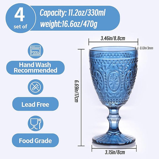 Blue Wine Glasses set of 4, Blue Goblets, Vintage Drinking Glassware, Colored Glassware Set for Party Home Wedding Baby Shower