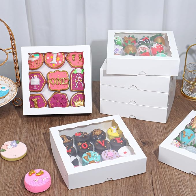 50pcs 8x8x2 Inch White Bakery Boxes with Window - Perfect for Cookies, Chocolate Covered Strawberries, Pretzels, Cakesicles & More