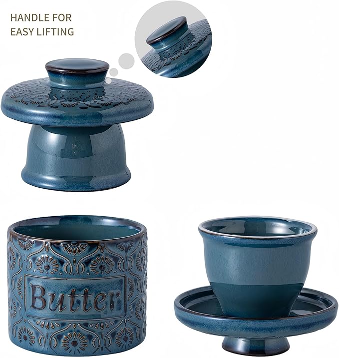 Ceramic Butter Crock with Lid, French Butter Dish with Water Line for Countertop, Butter Keeper for Spreadable Butter, Container Holder for Kitchen and Home Decor, 6.7 OZ, Vintage Blue