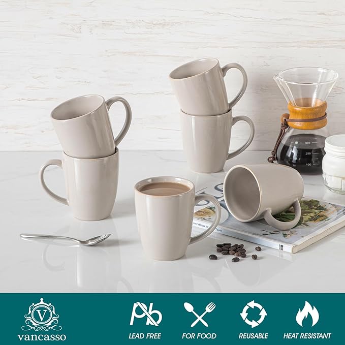 vancasso PLAYA Ceramic Coffee Mug Set of 6, 12 Oz Tea Cups with Handle for Latte, Tea, Cappuccino, Milk, Cocoa, Microwave&Dishwasher Safe, Grey