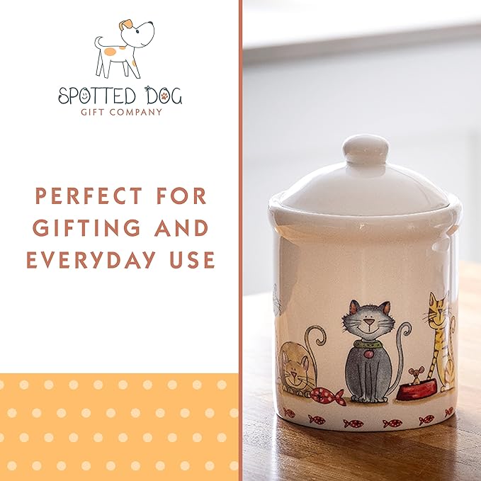 SPOTTED DOG GIFT COMPANY Ceramic Jar with Lid for Countertop, Decorative Cat Food Storage Kitchen Canister for Coffee Tea Sugar, Novelty Treat Container, Gifts for Cat Lovers Pet Owners 35oz