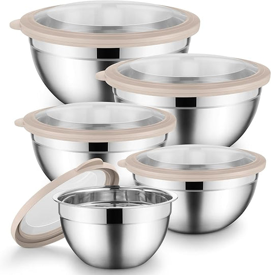 Onader Mixing Bowl Set of 5 for Kitchen, Stainless Steel Metal Nesting Mixing Bowls with Khaki Lids – Size 1.5, 2, 2.6, 3.5, 4.6QT