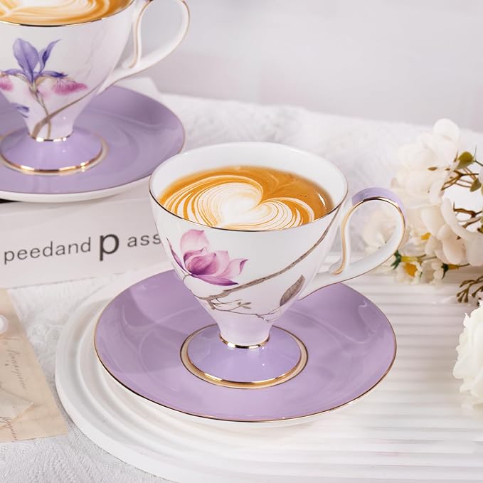 KAMMAK Ceramic Tea Cup and Saucer Set with Gold Trim, Purple Hibiscus & Iris Flower Pattern Cup and Saucer, 240ml Elegant Coffee Cup for Afternoon Tea, Gift for Women