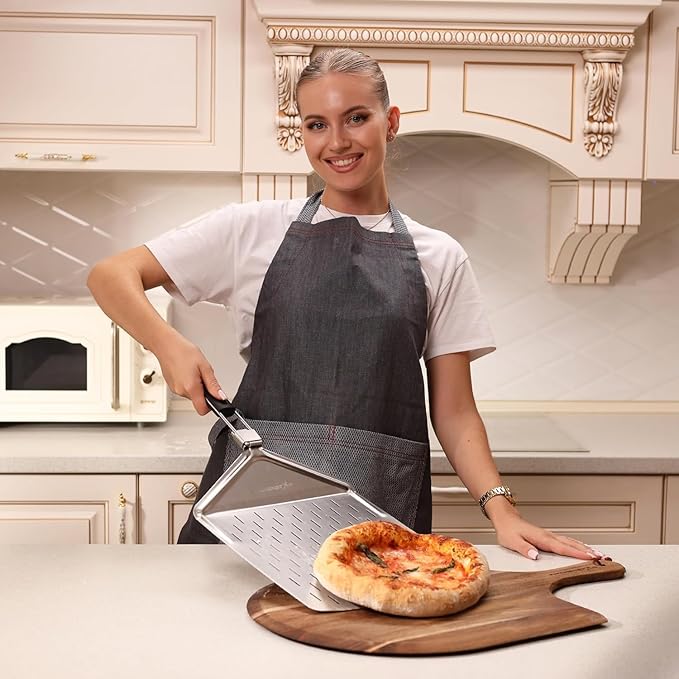 KitchenStar Perforated Pizza Peel 12 inch with 10 inch Folding Handle, Medium - Stainless Steel Spatula Paddle for Effortless Pizza Transfer & Easy Storrage - Outdoor Pizza Oven Accessories