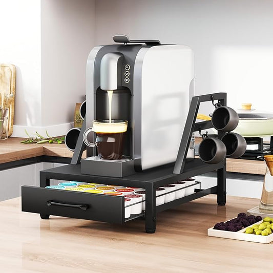 K Cup Holder Drawer - K Cup Storage Organizer, Coffee Pod Drawer with Hooks, Durable Iron-Wood Design, Space-Saving Coffee Station Organizer for Kitchen Counter