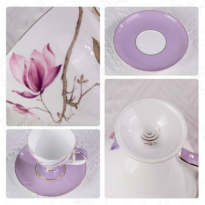 KAMMAK Ceramic Tea Cup and Saucer Set with Gold Trim, Purple Hibiscus & Iris Flower Pattern Cup and Saucer, 240ml Elegant Coffee Cup for Afternoon Tea, Gift for Women