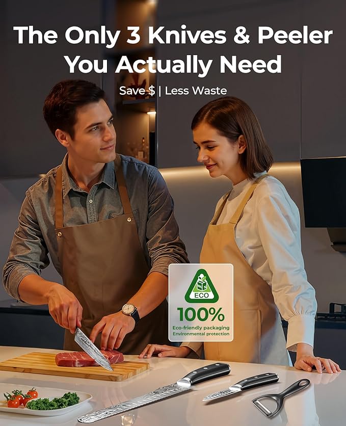 Essential 4-Piece Kitchen Knife Set,Sharp German Steel Knives Sets(Chef's Knife, Paring Knife, Bread Knife + Peeler) for Home Cooking BBQ,Gift Box included