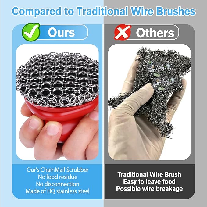 Onewly Cast Iron Scrubber and Scraper, Chain Mail Scrubber Cast Iron for Cleaning Dishes, Stock Pots, Pans, Griddles, Grills, Dish Scouring Pads