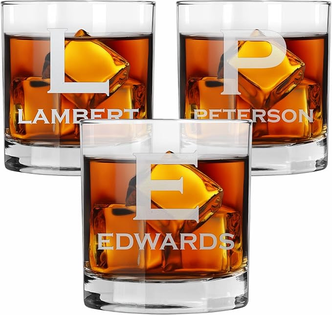 Blue Ridge Mountain Gifts - Custom Engraved Whiskey Glass - 11 oz Personalized Tumbler with Modern Monogram & Last Name - Classic Barware for Weddings, Groomsmen, Anniversaries & Father’s Day (3)