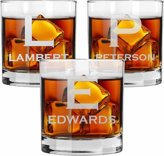 Blue Ridge Mountain Gifts - Custom Engraved Whiskey Glass - 11 oz Personalized Tumbler with Modern Monogram & Last Name - Classic Barware for Weddings, Groomsmen, Anniversaries & Father’s Day (3)