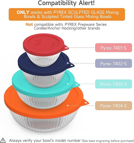 SOPHICO Silicone Replacement Lids for Pyrex Sculpted Glass & Tinted Glass Bowls Mixing Bowls(4 size)