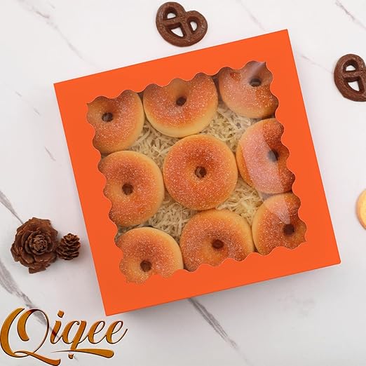 qiqee Auto-pop Up Orange Pie Boxes with Window 10x10x2.5 inch 30Packs Cookie Donut Bakery Box
