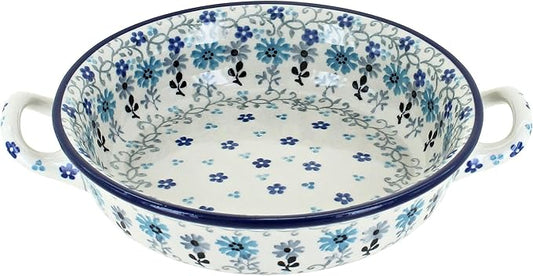 Blue Rose Polish Pottery - Blue Celeste Mini Casserole with Handles - 6.75" Diameter - Unique, Dishwasher Safe, & Durable Bakeware