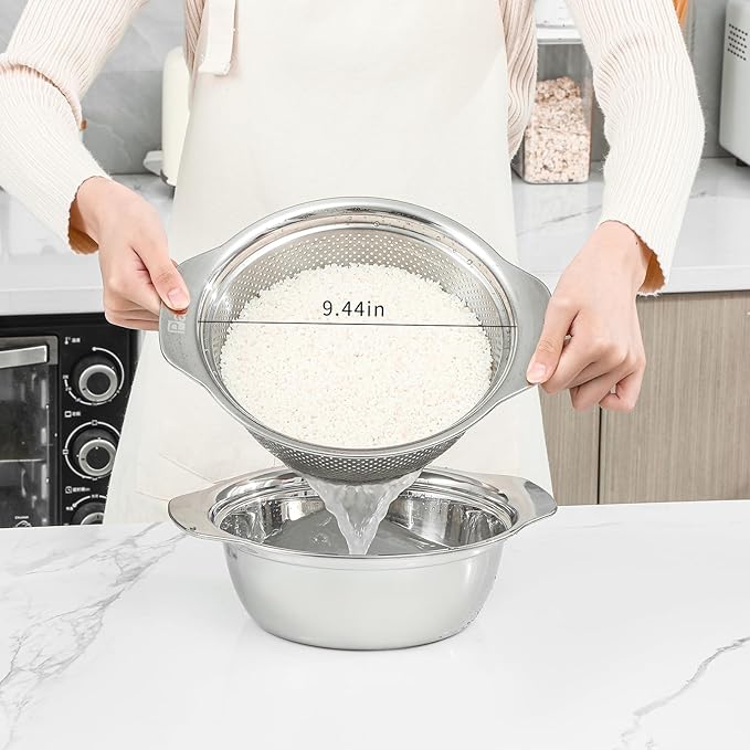 304 Stainless Steel Microporous Colander with Handle, Rice Washers Microporous Strainer Set For washing vegetables, fruits and rice, and draining cooked pasta.