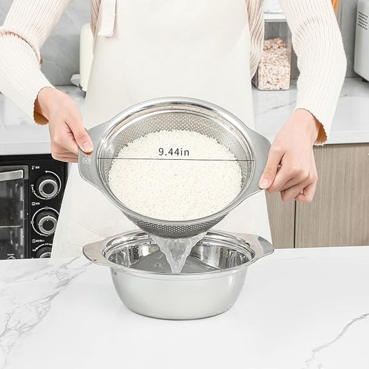 304 Stainless Steel Microporous Colander with Handle, Rice Washers Microporous Strainer Set For washing vegetables, fruits and rice, and draining cooked pasta.