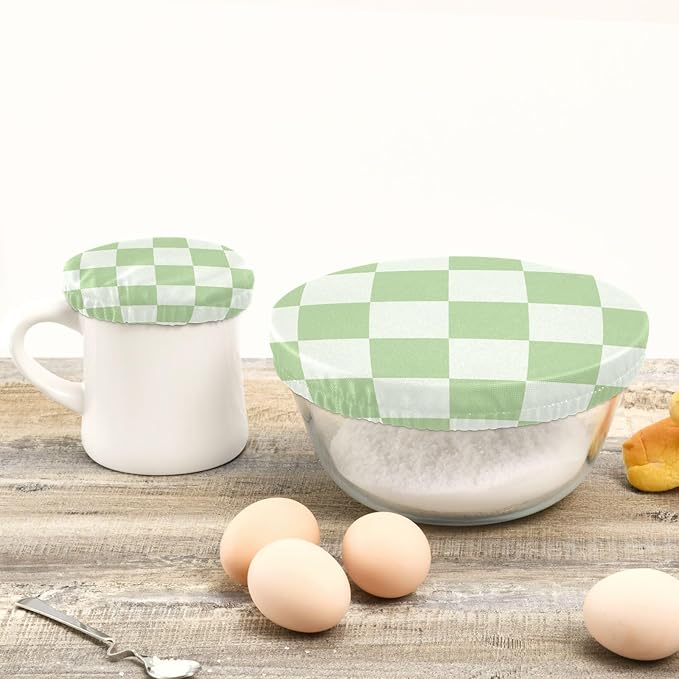 5 Pcs Bowl Covers Reusable in 5 Size Elastic Food Cover Cloth Lids Fresh Keeping Dish Cookware Bakeware Fabric Covers Lids for Food Leftovers Fruits Storage Checkered Mint Green White