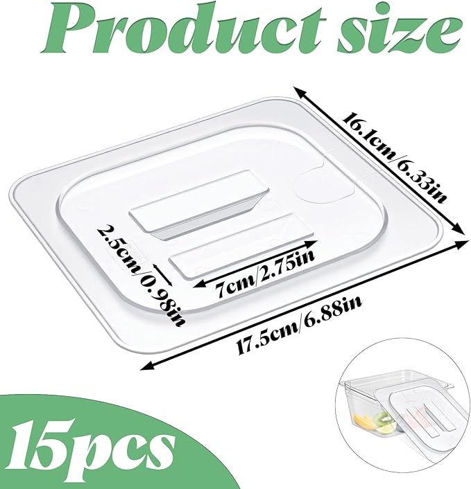 15 Pcs 1/6 Size Polycarbonate Food Pan Lids with Handle, Universal Handled Clear Steam Pan Food Storage Containers Covers for Fruits Vegetables Beans Corns Restaurant Hotel Commercial