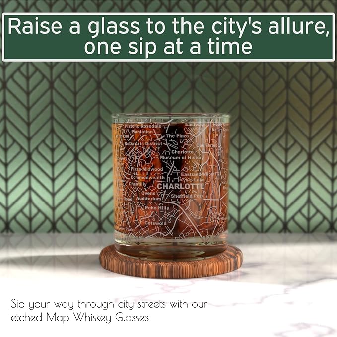 Greenline Goods Whiskey Glasses - 10 Oz Tumbler Set for Charlotte lovers, Etched with Charlotte City Map Old Fashioned Rocks Glass - Set of 2