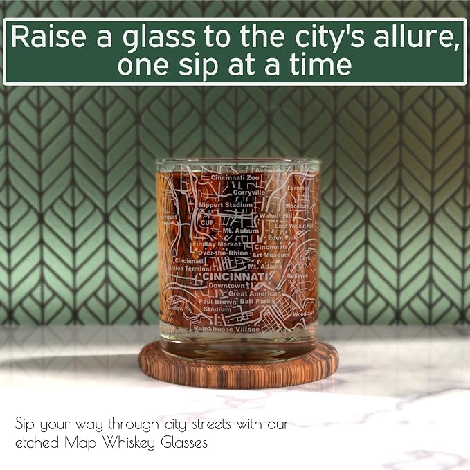 Greenline Goods Whiskey Glasses - 10 Oz Tumbler Set for Cincinnati lovers, Etched with Cincinnati City Map Old Fashioned Rocks Glass - Set of 2