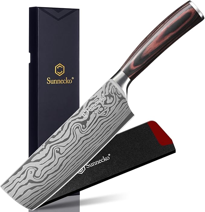 Sunnecko Nakiri Knife 7 inch,High Carbon Stainless Steel Cleaver Knife,Ultra Sharp Cooking Knives with Sheath and Gift Box for Family & Restaurant