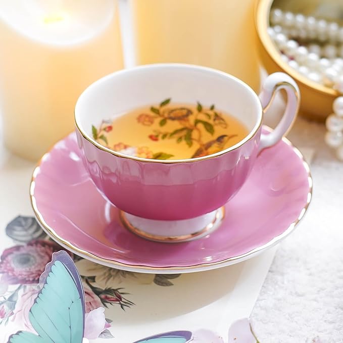 Aynsley Handpainting Colored Glaze Pembroke Oban Fine Bone China English Tea Cup and Saucer Set, 6.1 oz (Pink)