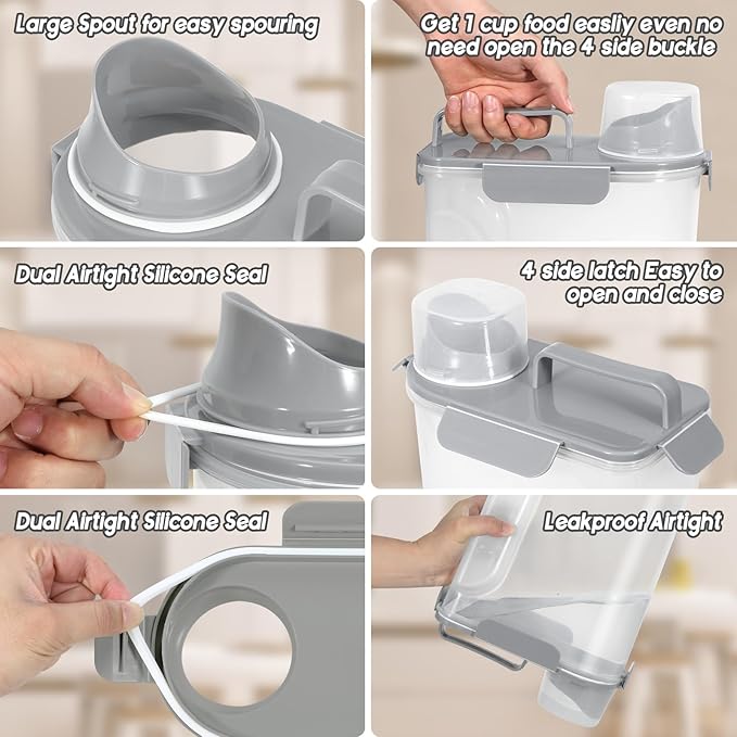 5Lbs Airtight Cat Dog Food Storage Container With Upgraded Large Nozzle, BPA-Free Pet Food Storage Containers For Rice, Grain, Pet Food, Flour Dog Treat Storage-2Pack Grey