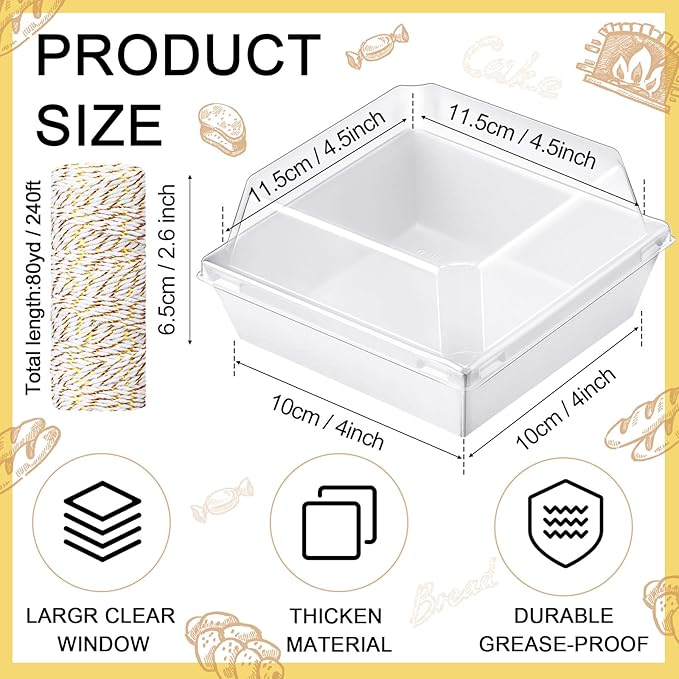 Ctosree 100 Pcs Paper Charcuterie Boxes with Clear Lids 4.5 Inches Disposable Cake Square Dessert Container Bakery Boxes Bundle with Rope for Food Cake Slice Cookie Sandwich Dessert(White)