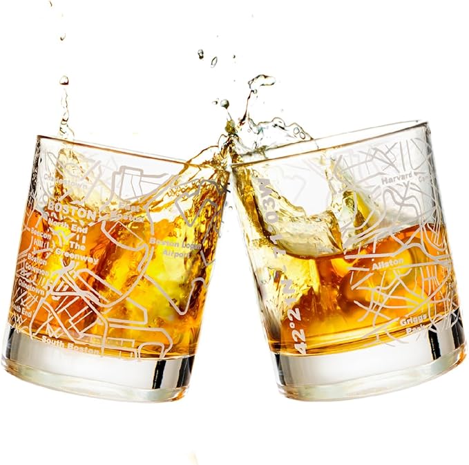 Greenline Goods Whiskey Glasses - 10 Oz Tumbler Gift Set for Boston lovers, Etched with Boston Map | Old Fashioned Rocks Glass - Set of 2