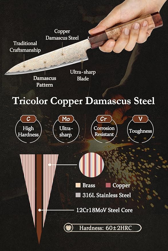 HEZHEN Kitchen Utility Knife, 5.5 Inches, 37 Layers Tricolor Copper Damascus Steel, Vegetable Fruit Knife, for Chefs and Home Cooking Using, Razor Sharp,Sycamore Wood Handle