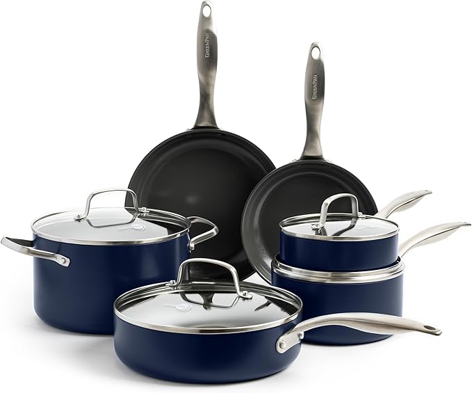 GreenPan Canterbury 10 Piece Cookware Pot and Pans Set, Hard Anodized PFAS-Free Healthy Ceramic Nonstick, Stainless Steel Handles, Versatile Cooking Essentials, Dishwasher & Oven Safe, Oxford Blue