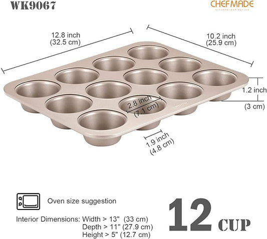 CHEFMADE Muffin Cake Pan, 12-Cavity Non-Stick Cupcake Pan Bakeware for Oven Baking (Champagne Gold)