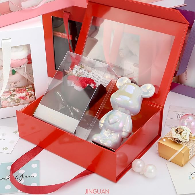 Red Gift Box with Window, Clear Magnetic Gift Box with Handle for Present, Bridesmaid Proposal Box (10.5x7.5x3 Inches
