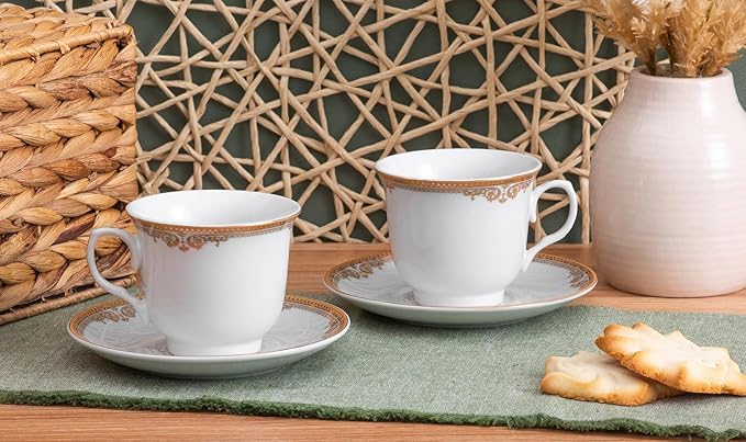 Porcelain Tea Cups and Saucers - 4 Pieces, Vintage Set - White with Gold Floral Edge Design - 5.5 Inch Saucers, 6.5 oz Cups - Perfect for Tea Parties or Every Day Use (Floral Gold 3004, 4 Piece)