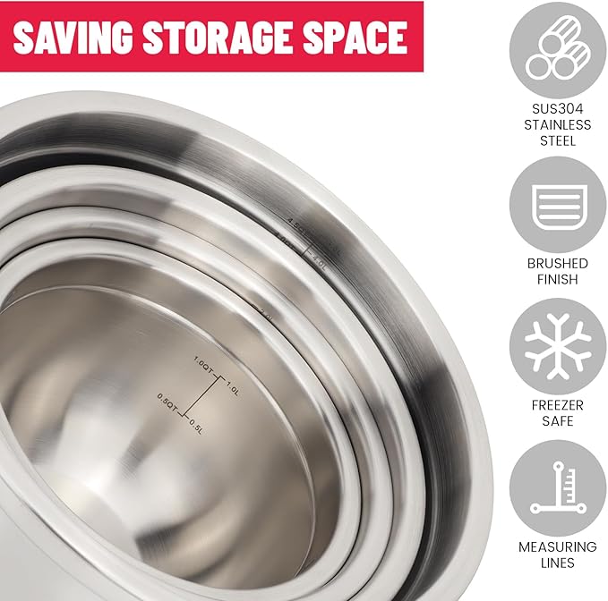 MARSKITOP Stainless Steel Mixing Bowls with Lids Set, Nesting Mixing Bowls with Airtight Lids, Measurement Marks and Red Non-Slip Bottoms, Great for Mixing and Serving, Size 5, 3, 2, 1.5QT
