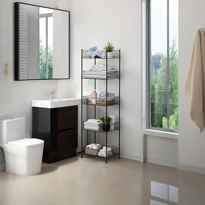 5 Tier Water Bottle Organizer Rack Metal Free Standing Water Storage Rack Beverage Holder Bottled Water Stand for Floor, Space Saver Soda Drink Shelf for Kitchen Living Room, Black