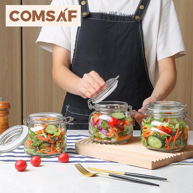 ComSaf 25oz Airtight Glass Canisters with Lids Set of 6, Square Food Storage Jar Container with Clamp Lids for Kitchen Canning Cereal Coffee Pasta Sugar Beans Spice, Clear Mason Jars with 12 Labels