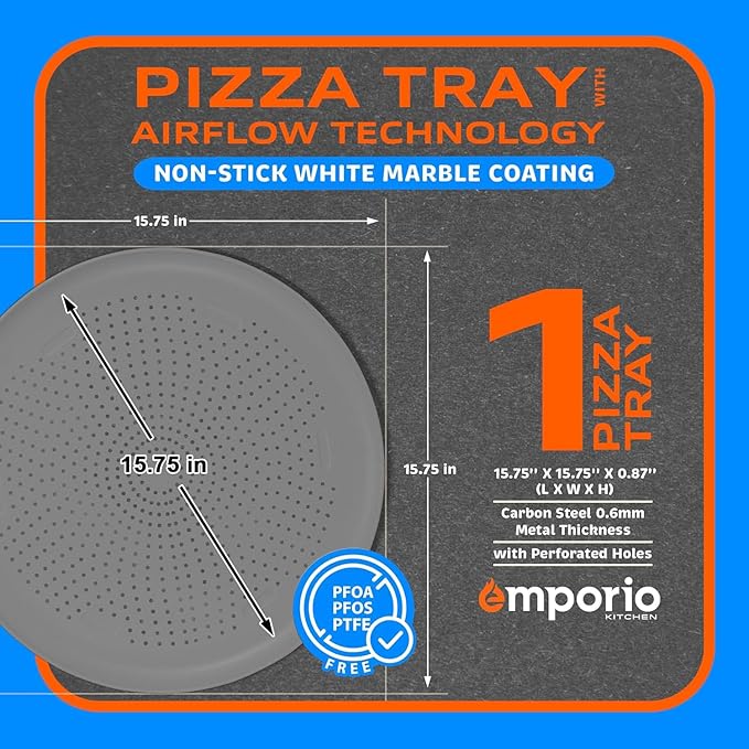 Non-Stick Pizza Pan 1 Pack – 16 Inch Round Carbon Steel Pizza Tray with Perforated Holes, PFOAPFOSPTFE-Free, Dishwasher & Oven Safe Up To 450°F, Durable Nonstick Silver Coating