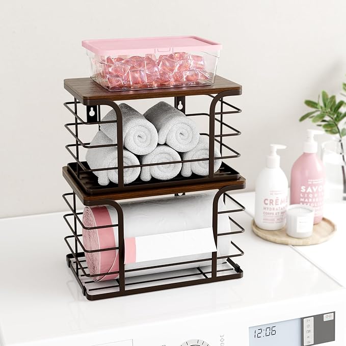 2 Pack Extra Large Pantry Baskets with Bamboo Top,Stainless Steel Trash Bag Dispenser for Kitchen Sink and Laundry Room Organization,Brown