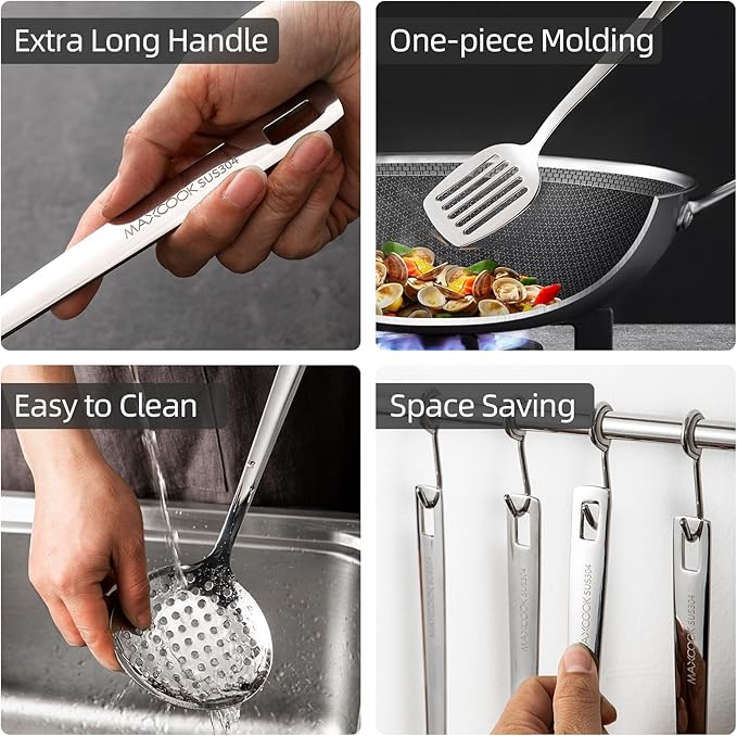 18/8 Stainless Steel Cooking Utensil set, 8 Pieces Metal Kitchen Utensils set, Slotted Spoon,Meat Fork,Ladle,Skimmer Spoon,Spatula,Spaghetti Server,Large Spoon,Masher (Dishwasher Safe, Silver)