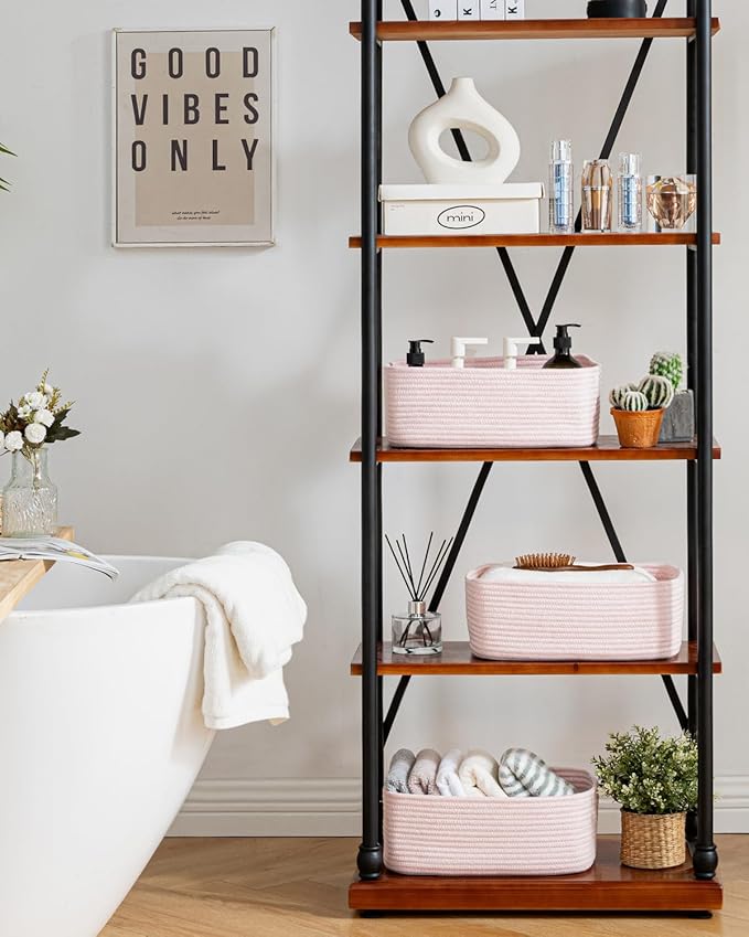 Small Woven Basket, 13.5 x 9.5 x 5 Inches, Storage Basket for Organizing, Cute Small Rope Shelf Closet Cube Storage Bins Baskets for Shelves, Dog Toy Gift Baskets Empty, 3 Pack Light Pink