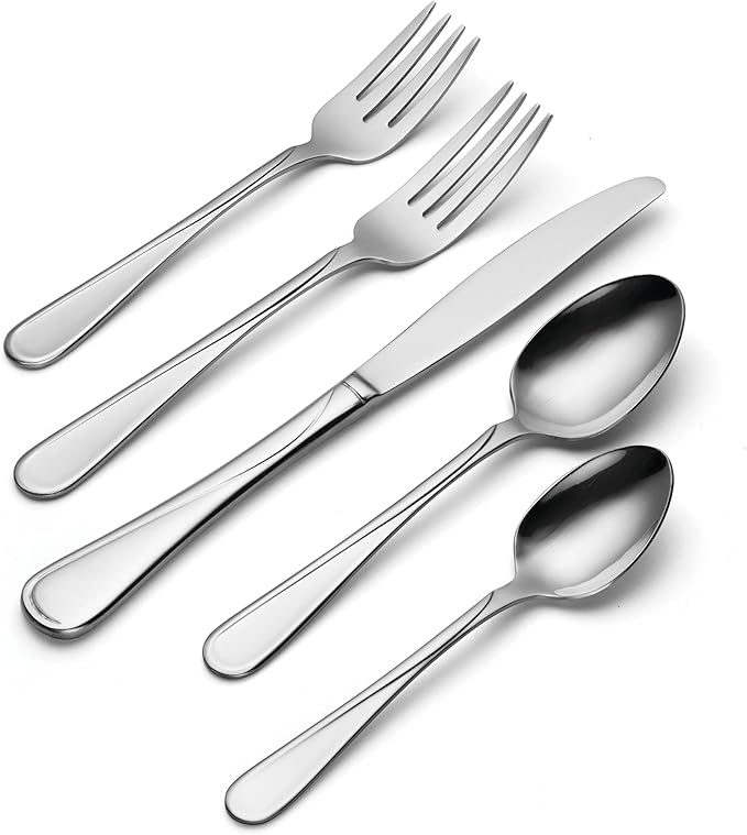 Oneida Silverware Set For 4, Flight 20-Piece Everyday Flatware Set, Service For 4, 18/0 Stainless Steel, Swirl, Mirror Finish, Dishwasher Safe, Knives Spoons and Forks Set, Dining (Silver, 20 Pieces)