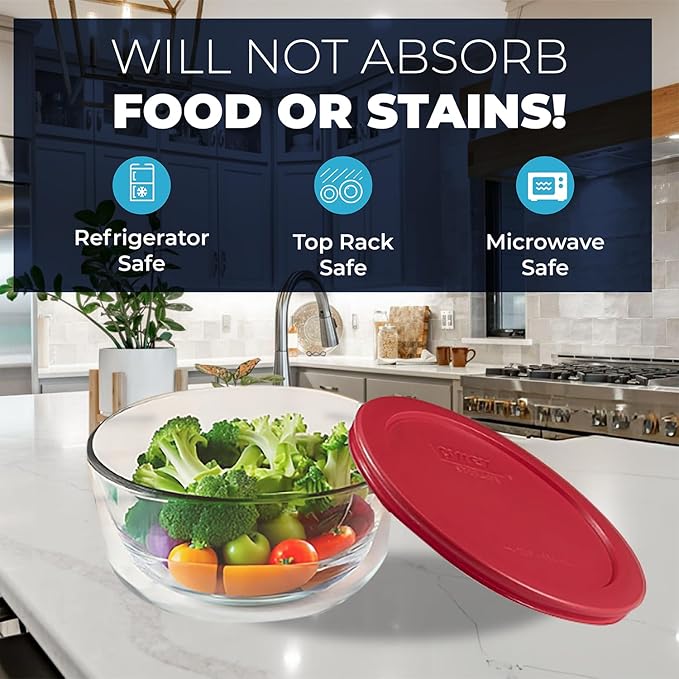 Replacement Lids for Pyrex Containers Round Glass Food Plastic - (2) 2-Cup Navy, (2) 4-Cup Purple, (2) 7-Cup Dark Red- BPA-Free, Dishwasher & Microwave Safe