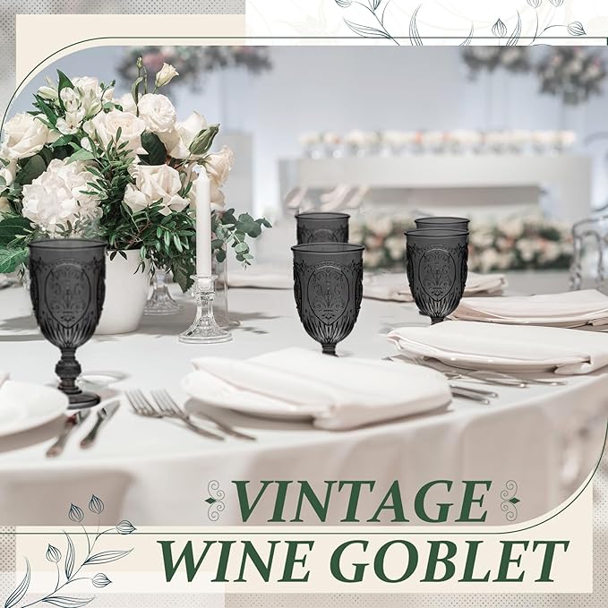 6 Pcs Plastic Goblets 7.5oz Vintage Goblet Plastic Wine Glasses Colored Retro Embossed Water Goblets for Wine Bar Juice Baby Shower Wedding Reception Grand Event Party (Black)